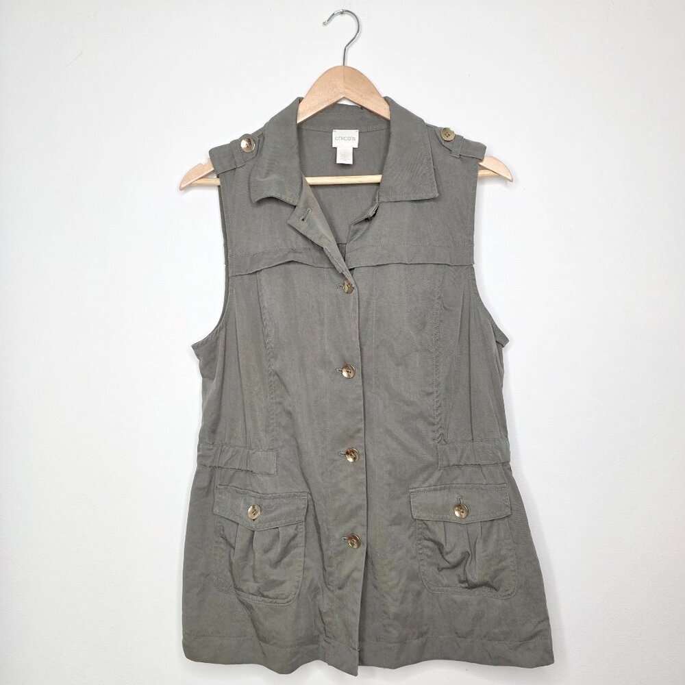 Chico's 100% Lyocell Utility Vest Sleeveless Jacket Safari Coastal Green Size 1